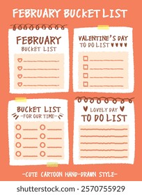 Hand drawn style valentine's day bucket lists set. Checklists with heart and flower pattern. Cartoon doodle style day do list for lover. Cute colorful romantic bucket list memo. Chart Paper note Idea