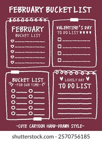 Hand drawn style valentine's day bucket lists set. Checklists with heart and flower pattern. Cartoon doodle style day do list for lover. Cute colorful romantic bucket list memo. Chart Paper note Idea