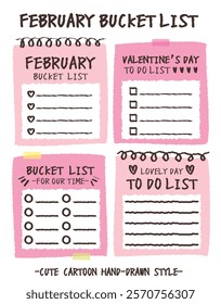 Hand drawn style valentine's day bucket lists set. Checklists with heart and flower pattern. Cartoon doodle style day do list for lover. Cute colorful romantic bucket list memo. Chart Paper note Idea