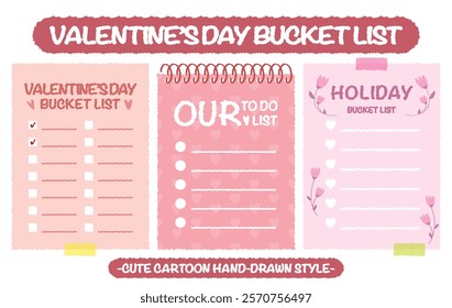 Hand drawn style valentine's day bucket lists set. Checklists with heart and flower pattern. Cartoon doodle style day do list for lover. Cute colorful new year bucket list memo. Chart Paper note Idea