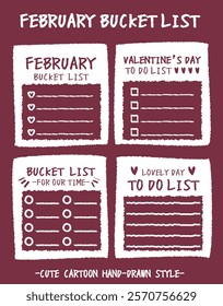 Hand drawn style valentine's day bucket lists set. Checklists with heart and flower pattern. Cartoon doodle style day do list for lover. Cute colorful romantic bucket list memo. Chart Paper note Idea