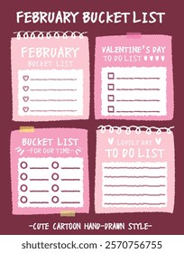 Hand drawn style valentine's day bucket lists set. Checklists with heart and flower pattern. Cartoon doodle style day do list for lover. Cute colorful romantic bucket list memo. Chart Paper note Idea