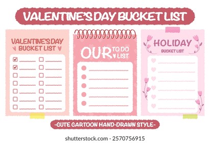 Hand drawn style valentine's day bucket lists set. Checklists with heart and flower pattern. Cartoon doodle style day do list for lover. Cute colorful new year bucket list memo. Chart Paper note Idea