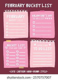 Hand drawn style valentine's day bucket lists set. Checklists with heart and flower pattern. Cartoon doodle style day do list for lover. Cute colorful romantic bucket list memo. Chart Paper note Idea