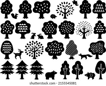 Hand drawn style various tree and animals silhouette illustration set