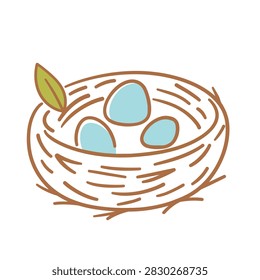 Hand drawn style vector graphic of a woven bird nest containing three small light blue eggs with a single green leaf attached on a white background