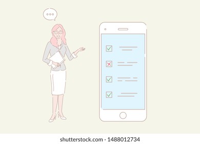 Hand drawn style vector illustration of mobile survey, customer review, feedback service, client satisfaction evaluation.