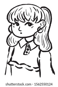 Hand drawn style vector illustration, face and shoulders avatar. Portrait of a young girl in cartoon style. Cute girl with a ponytail and earrings. Vintage style outline drawing. Engraving sketch. 