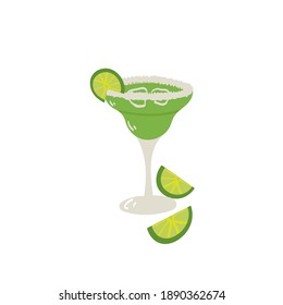 Hand drawn style of vector Illustration of margarita cocktail and lime. Isolated on white background.