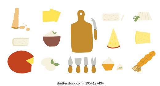 Hand drawn style vector illustration set of various cheeses and wooden cheese board with knives and fork. Isolated on white background.