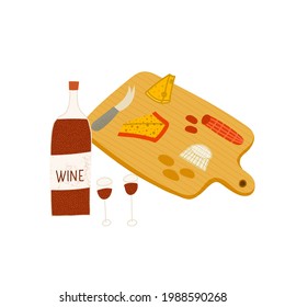 Hand drawn style vector illustration set of various cheeses and wooden cheese board with knives and fork. Isolated on white background.