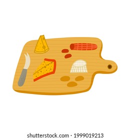 Hand drawn style vector illustration set of various cheeses and wooden cheese board with knives and fork. Isolated on white background.