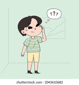 Hand drawn style vector illustration of a Boy character thinking about something