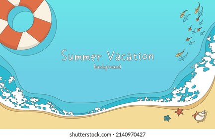 Hand drawn style vector illustration of summer banner background with copy space. Summer vacation concept with beach waves and seaside creatures.