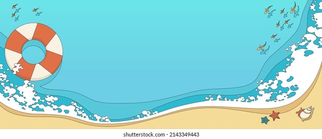Ilustración vectorial de estilo dibujado a mano del fondo del banner de verano con espacio de copia. Concepto de vacaciones de verano con olas de playa y criaturas marinas.