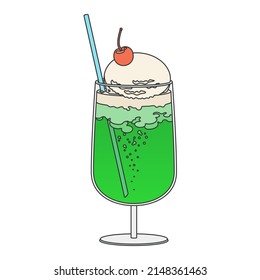 Hand drawn style vector illustration of melon soda float with vanilla ice cream isolated on background.