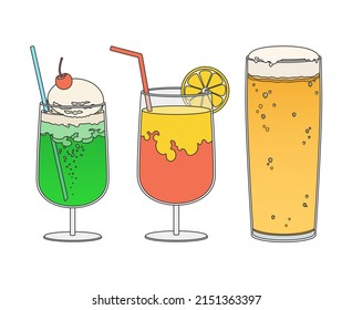 Hand drawn style vector illustration of cold drinks isolated on background.