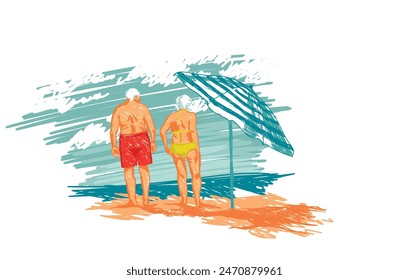 hand drawn style vector illustration  with seniors married couple on their summer vacation on the beach, poster for happy active oldness