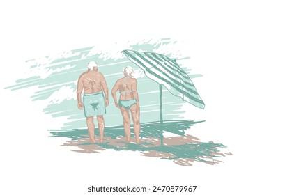 hand drawn style vector illustration  with seniors married couple on their summer vacation on the beach, poster for happy active oldness