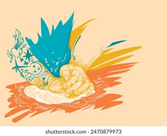 Ilustración vectorial de estilo dibujado a mano con las manos tatuadas del hombre que hace la pastelería, se puede utilizar para la escuela culinaria o las clases magistrales
