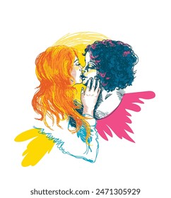 hand drawn style vector illustration with portrait of two kissing young ladies