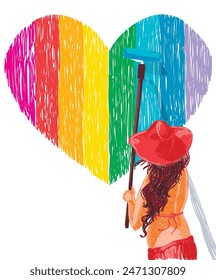 Ilustración vectorial de estilo dibujado a mano con mujer joven en sombrero pintando la pared con emblema lgbt