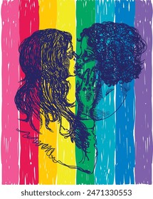 hand drawn style vector illustration with two young kissing women on pride flag, poster for pride month
