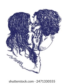 hand drawn style vector illustration with two young kissing women