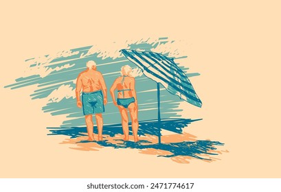 hand drawn style vector illustration  with seniors married couple on their summer vacation on the beach, poster for happy active oldness