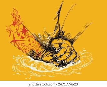 Ilustración vectorial de estilo dibujado a mano con las manos tatuadas del hombre que hace la pastelería, se puede utilizar para la escuela culinaria o las clases magistrales