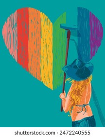 hand drawn style vector illustration with young woman in hat painting the wall with lgbt emblem