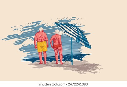 hand drawn style vector illustration  with seniors married couple on their summer vacation on the beach, poster for happy active oldness