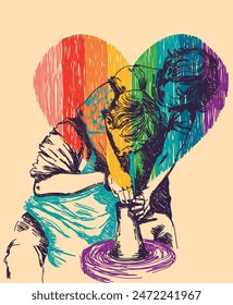 hand drawn style vector illustration with two young men making pottery on pride flag, poster for pride month