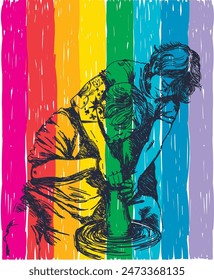 hand drawn style vector illustration with two young men making pottery on pride flag, poster for pride month