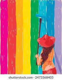 hand drawn style vector illustration with young woman in hat painting the wall with lgbt emblem