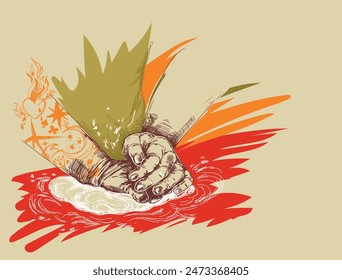 hand drawn style vector illustration with man's tattooed hands making pastry, can be used for culinary school or master classes