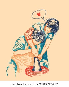 hand drawn style vector illustration with young gay couple making something ceramic, can be used for pattery school or master classes