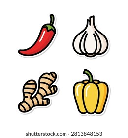 Hand drawn style vector illustration set featuring spicy chili pepper pungent garlic aromatic ginger root and bell pepper.