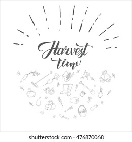 hand drawn style vector illustration with different gardening tools and vegetables. Poster or banner template.