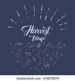 hand drawn style vector illustration with different gardening tools and vegetables. Poster or banner template.