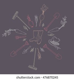 hand drawn style vector illustration with different gardening tools and vegetables. Poster or banner template.