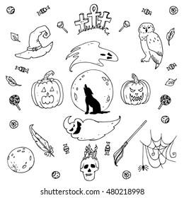 hand drawn style vector illustration with different halloween characters. Poster or banner template.