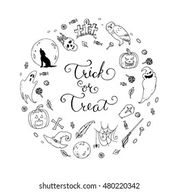 hand drawn style vector illustration with different halloween characters. Poster or banner template.