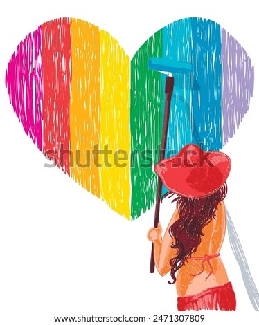hand drawn style vector illustration with young woman in hat painting the wall with lgbt emblem
