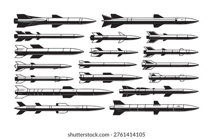 Hand drawn style vector illustrations of diverse military missiles featuring different fin and body structures.