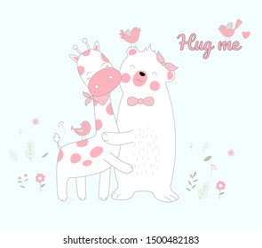 Hand drawn style white bear and giraffe happiness