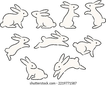 Hand drawn style white rabbits illustration set