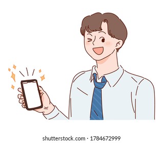 Hand drawn style winking man holding smartphone.