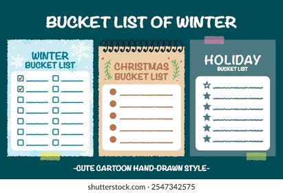 Hand drawn style winter holiday bucket lists set. Christmas checklists with snow flake pattern. Cartoon doodle style day do list. Cute colorful new year bucket list memo. Chart, Idea, Paper note