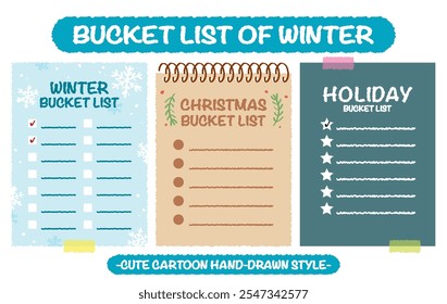 Hand drawn style winter holiday bucket lists set. Christmas checklists with snow flake pattern. Cartoon doodle style day do list. Cute colorful new year bucket list memo. Chart, Idea, Paper note